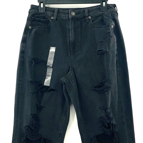 AMERICAN EAGLE Mom Jeans Comfort Stretch Waistband Black Distressed NWT Size 8 - Picture 6 of 16